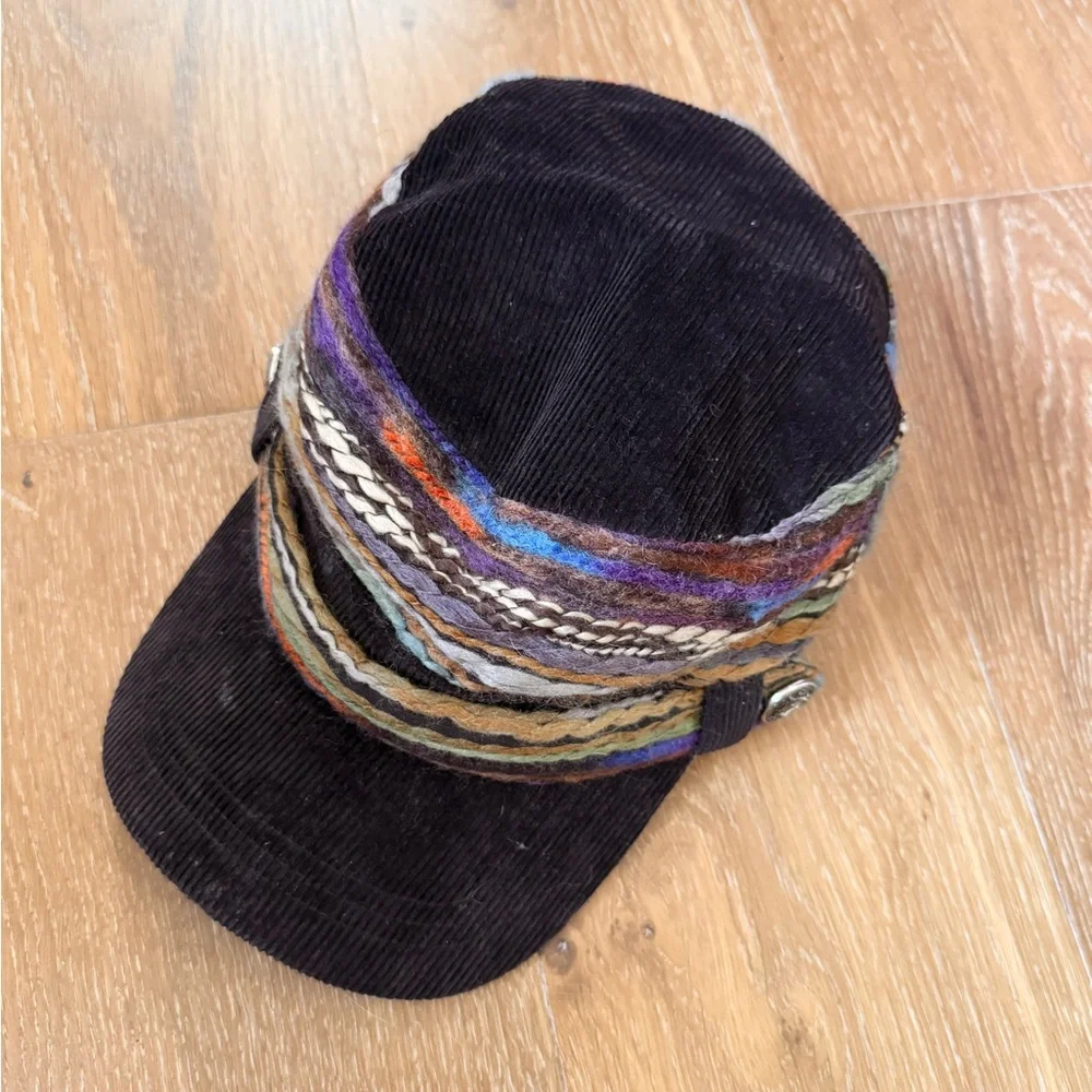 Y2K 2000s Adora Woven Yarn Rainbow Striped Black Corduroy Military Cap Hat